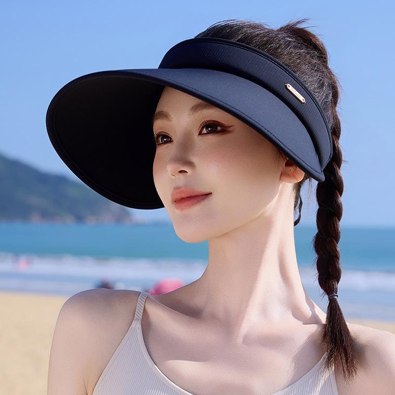 Women'S Summer New Sunscreen Hat, Beige Hat With Headband, Large Brim, Open-Top Sunshade Hat