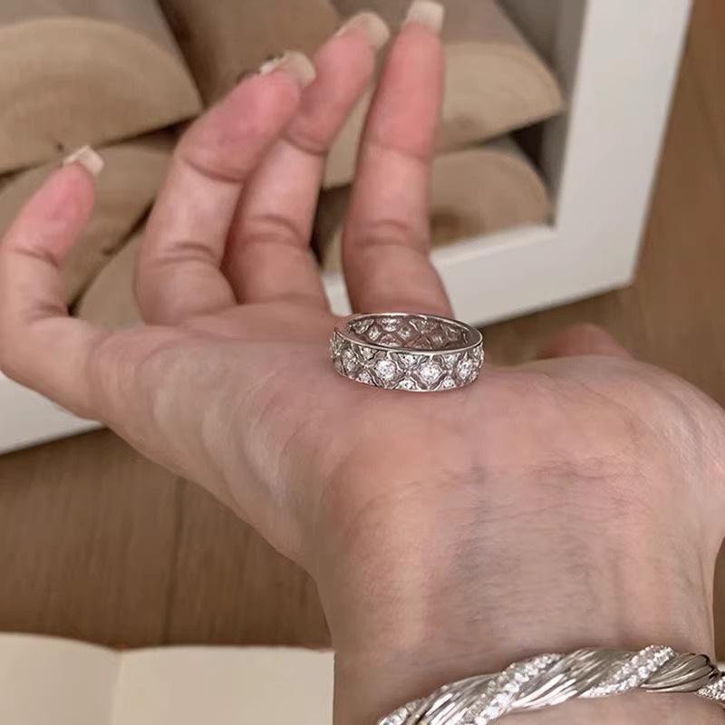 S925 Sterling Silver Rhombus Zircon Lace Ring for Women - Vintage Light Luxury Style