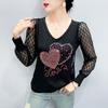 2026 Spring/Summer New Arrival Heart-Shaped Crystal Embellished Lace Blouse Plus Size Women's Lace Tops Long Sleeve Shirt Fashionable