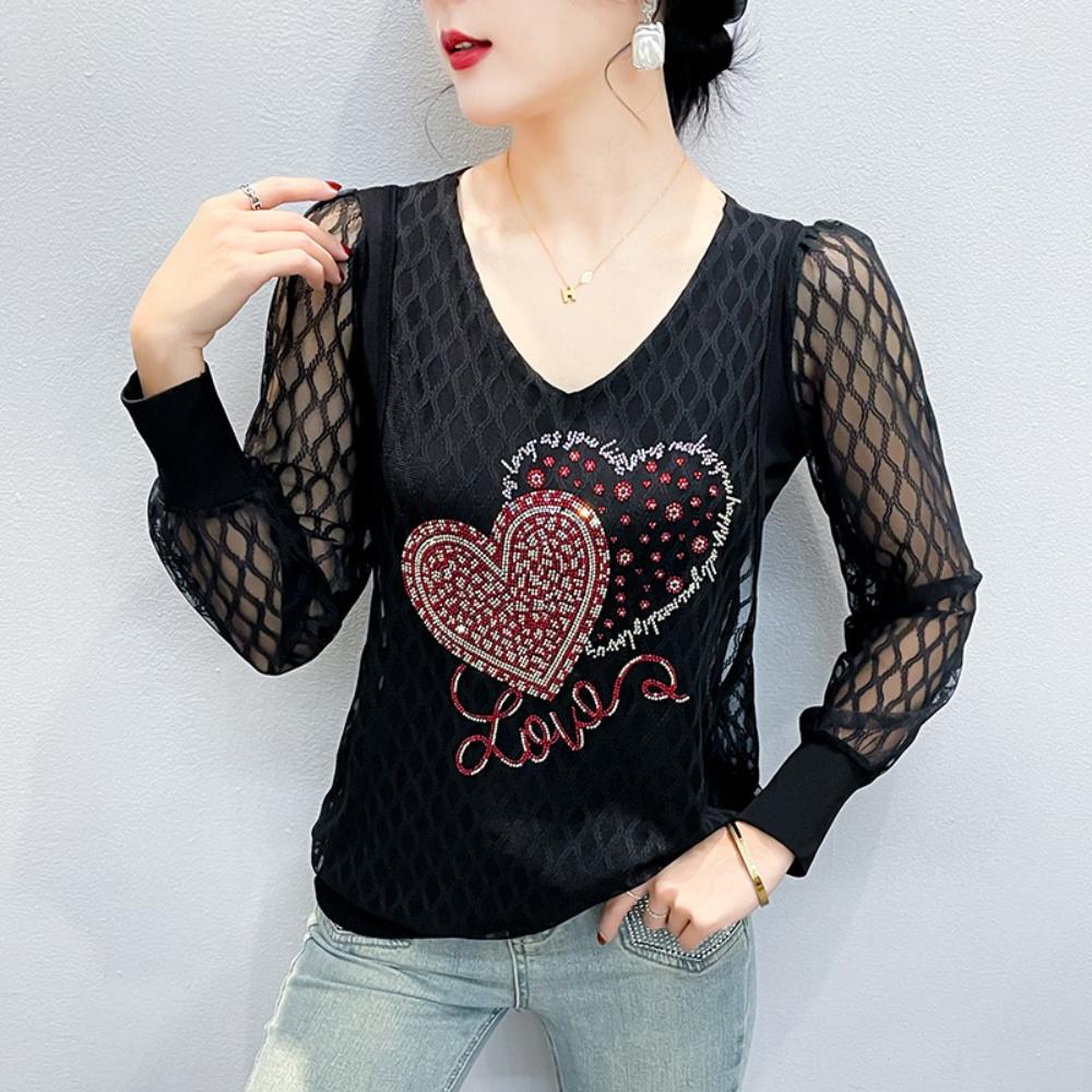 

Весна/Лето 2026 Новинка Кружевная Блузка с Кристаллами в Форме Сердца Большого Размера Женские Кружевные Топы Рубашка с Длинным Рукавом Модная M чёрный