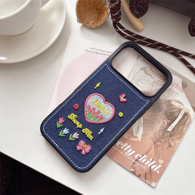 Embroidered Tulip Heart Denim Phone Case for iPhone 15/14 Pro Max