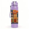 1PC Old Colorful European Town House Print 750ml Color Plastic Sports Water Bottle Leakproof Flip Straw Lid Suitable for Sports Office Home Use