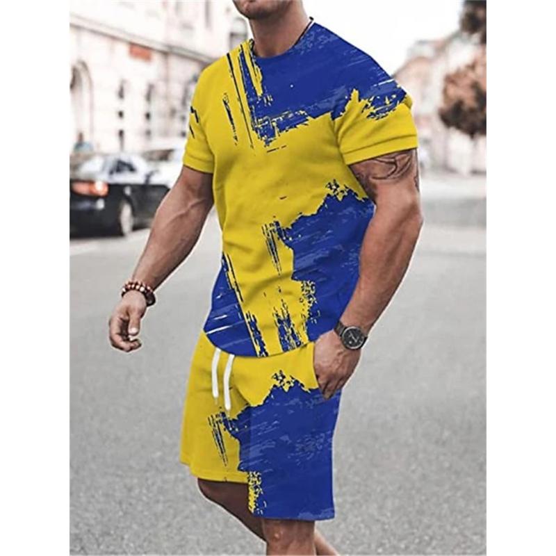 Sommer Herren Sportbekleidung Großer Zweiteiliger Retro Casual Street Suit 3D Einfach Bedruckter Strandanzug Herren T-Shirt Shorts Sportbekleidung