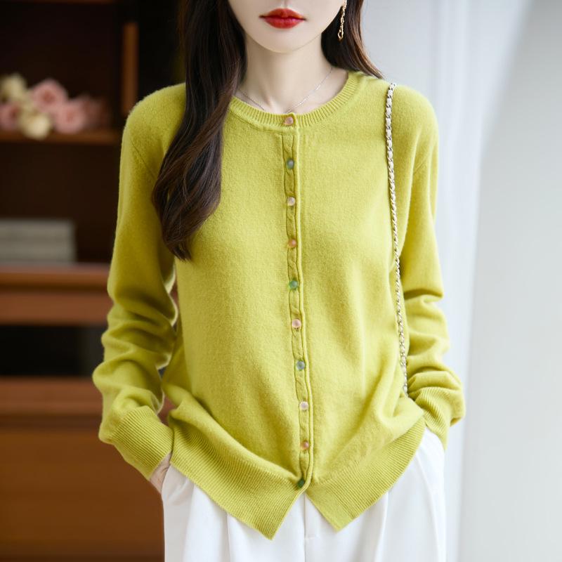 Women's Autumn 2025 Pure Wool Round Neck Cardigan - New Style Loose Knit Sweater
