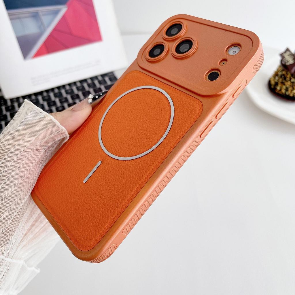 Lychee Pattern Magnetic Case for Apple 17 Pro Max: Slim Ring Design with Anti-Slip Edge, Compatible with Models 16/15