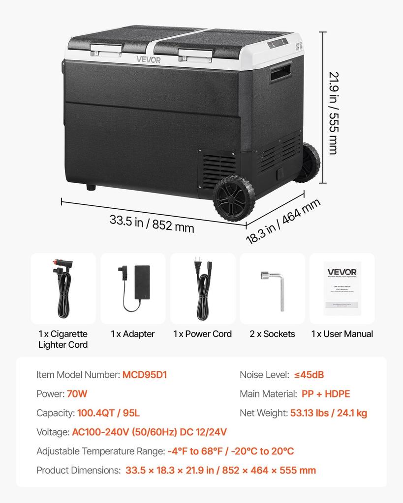 12 Volt Car Refrigerator, 95L Car Fridge, Dual Zone Portable Electric Cooler with Wheels and Handle, -20 to 20, 12/24V DC 100-240V AC Compressor