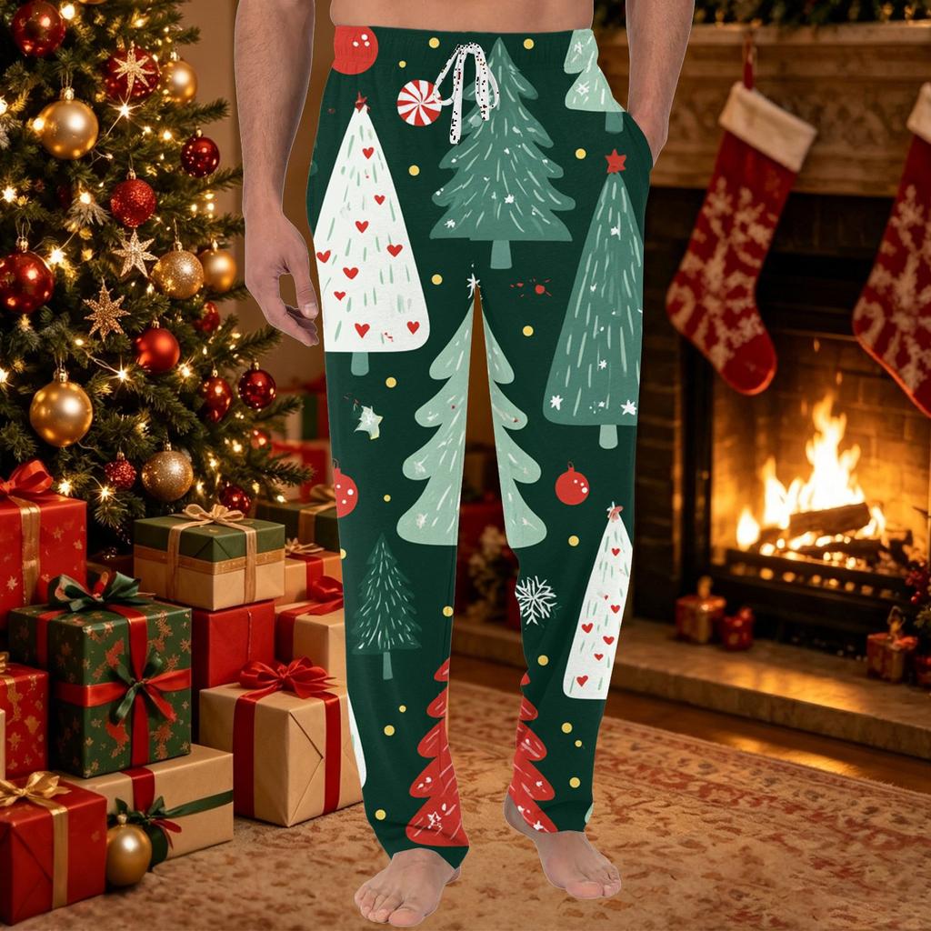 Men's Christmas Print Casual Pants, Plain Knit Color Pants with Pockets for Holiday and Everyday Wear