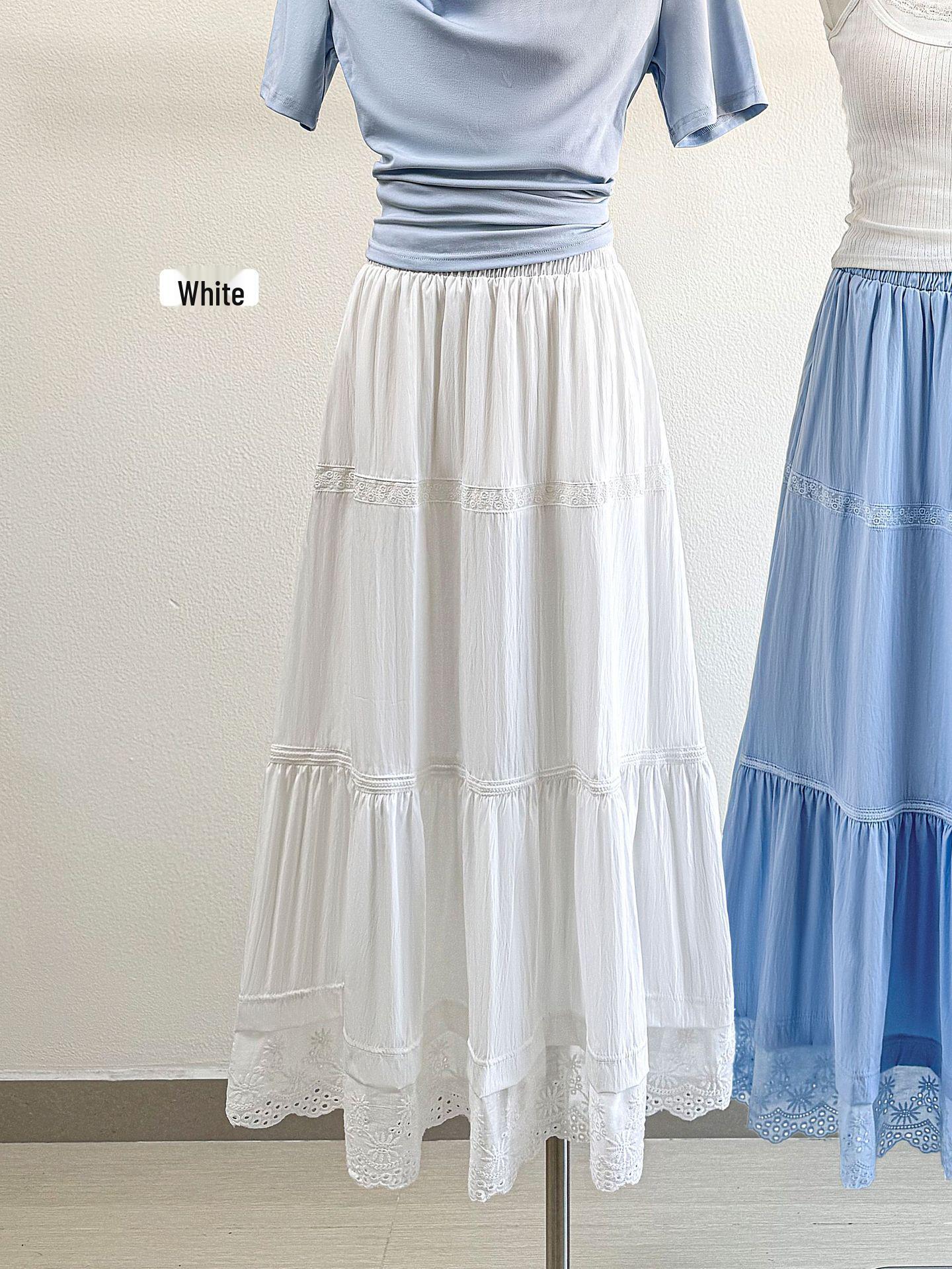 2026 Spring/Summer A-Line Mid-Length Fairy Skirt with Hollow Lace Patchwork by the Sea One Size белый