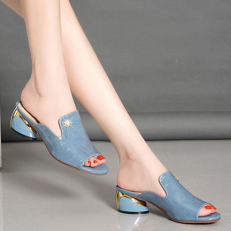Sandals Women's Medium Heel Thick Heel Summer New Women's Shoes Soft Leather Cool Slippers Fashion Fish Mouth Women's Shoes