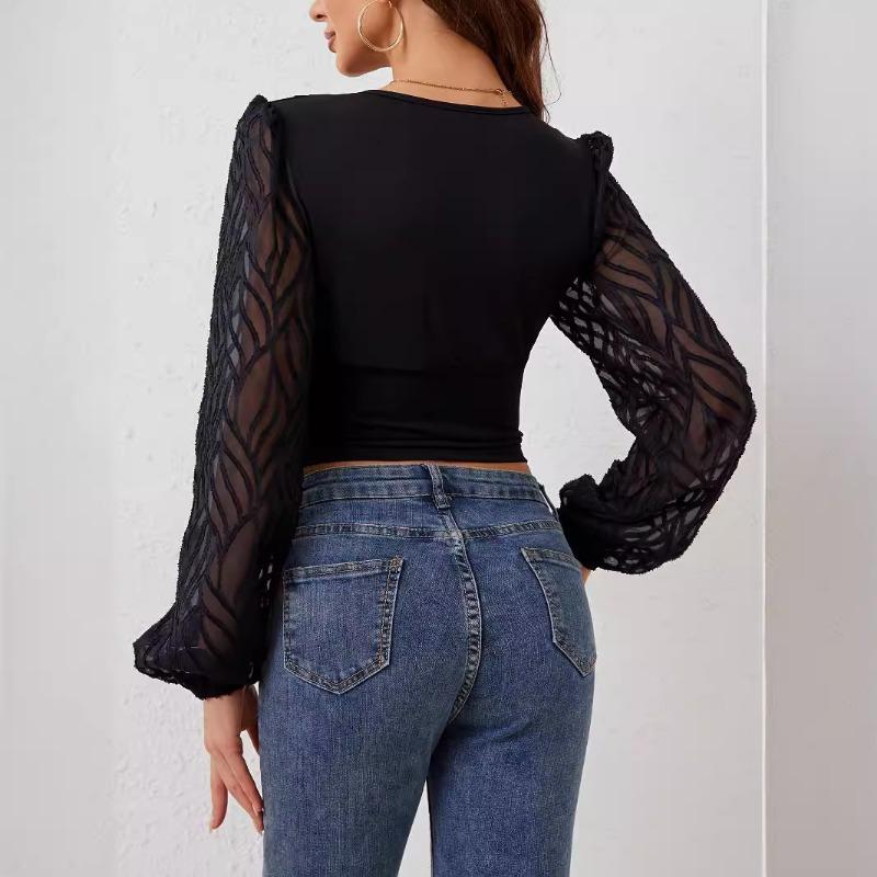 Damen Neue Chiffon Laterne Ärmel Spleißen Plissee Taille V-Ausschnitt Langarm T-Shirt Dünne Bluse