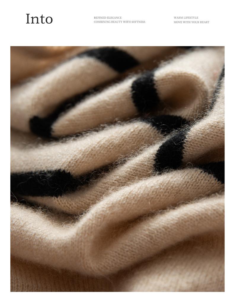 Women's 100% Pure Cashmere Striped Cardigan with Pockets and Buttons, Round Neck Sweater Outerwear