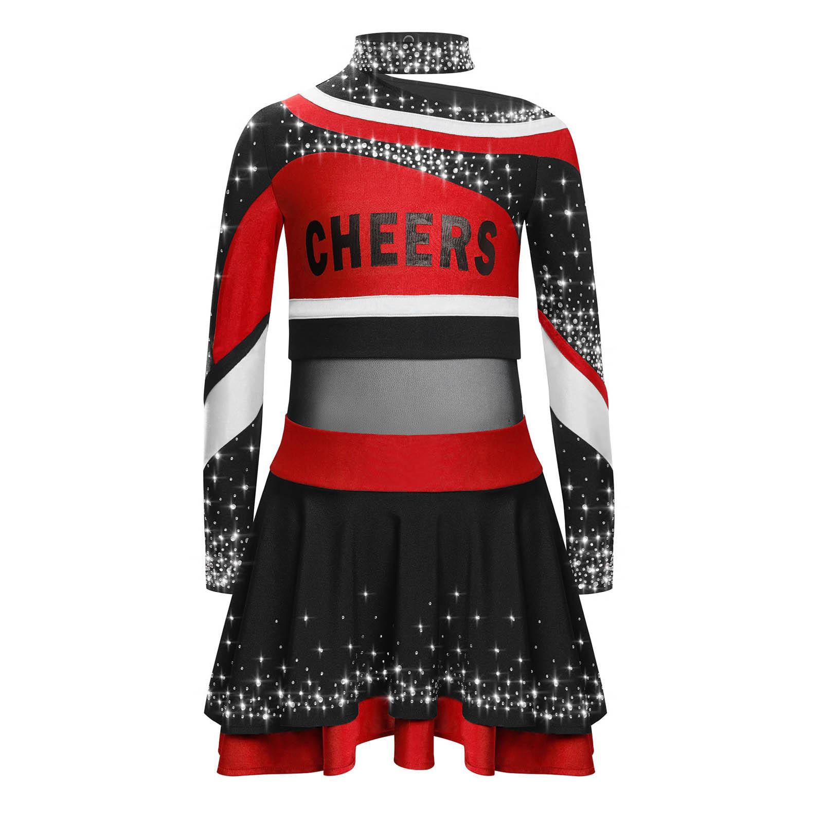 

Костюм для сценічного виступу для дівчаток з довгим рукавом, принтом літер, блискучими стразами, кольоровим блокуванням, набір для черлідингу 7-8 Years червоний