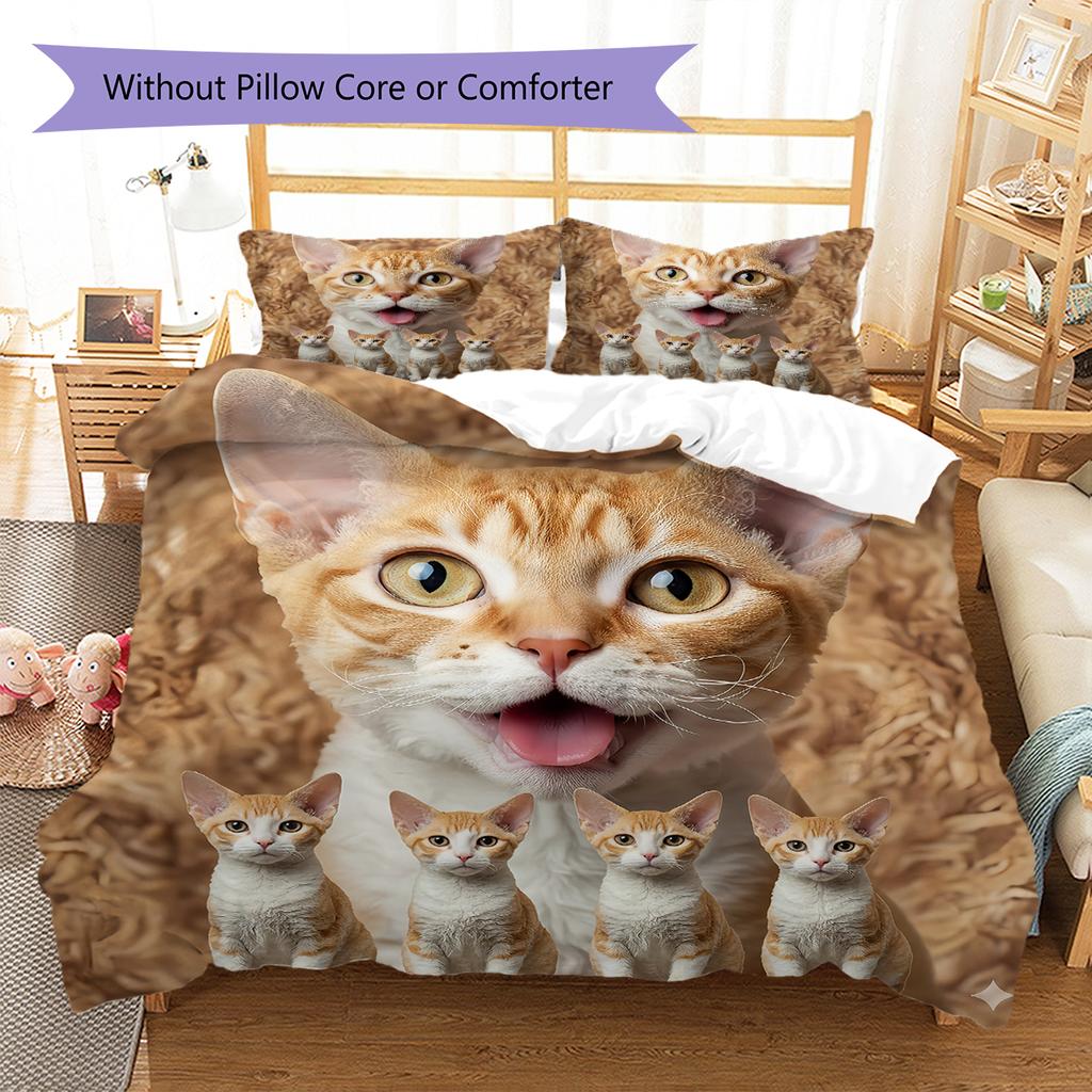 Cute Yellow Cat Pattern Bedding Quilt Set Quilt Cover Pillowcase Home Decoration Gift (1 * duvet cover + 2 * pillowcase, without core)