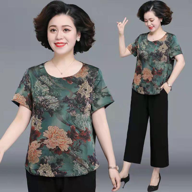 Western Style Suit Ice Silk Blouse Middle-aged and Elderly Women's Printed Short-sleeved Shirt