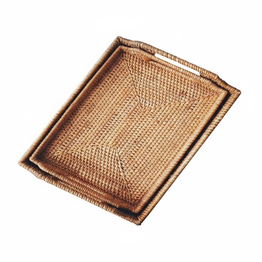 Woven Rattan Tray with Handles Rustic Design Rectangular Rattan Tray Rectangular Wicker Platter Food Safe Home Decor