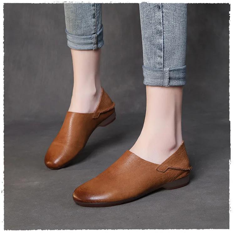 Johnature Genuine Leather Loafers Round Toe Soft Soled Versatile Soft Cowhide Women's Low Heeled Leisure Shoes