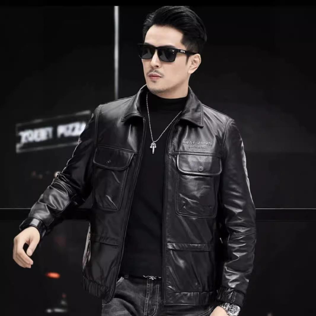 Куртка из коровьей кожи мужская новая кожаная куртка с лацканами пальто кожаная куртка — фото 4