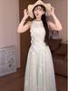 French Summer Lace Jasmine Green Sleeveless Slimming Waist Long Dress for Women
