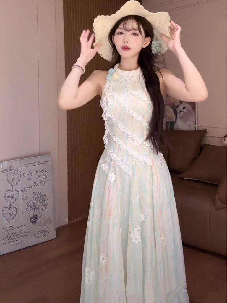 French Summer Lace Jasmine Green Sleeveless Slimming Waist Long Dress for Women