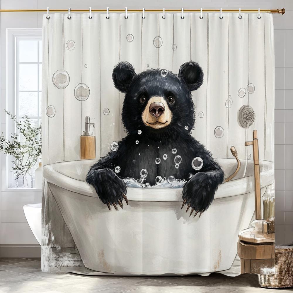Cute Black Bear Bathing in the Bathtub Shower Curtain, Bathroom Decorative Shower Curtain, Waterproof Shower Curtain with Hooks