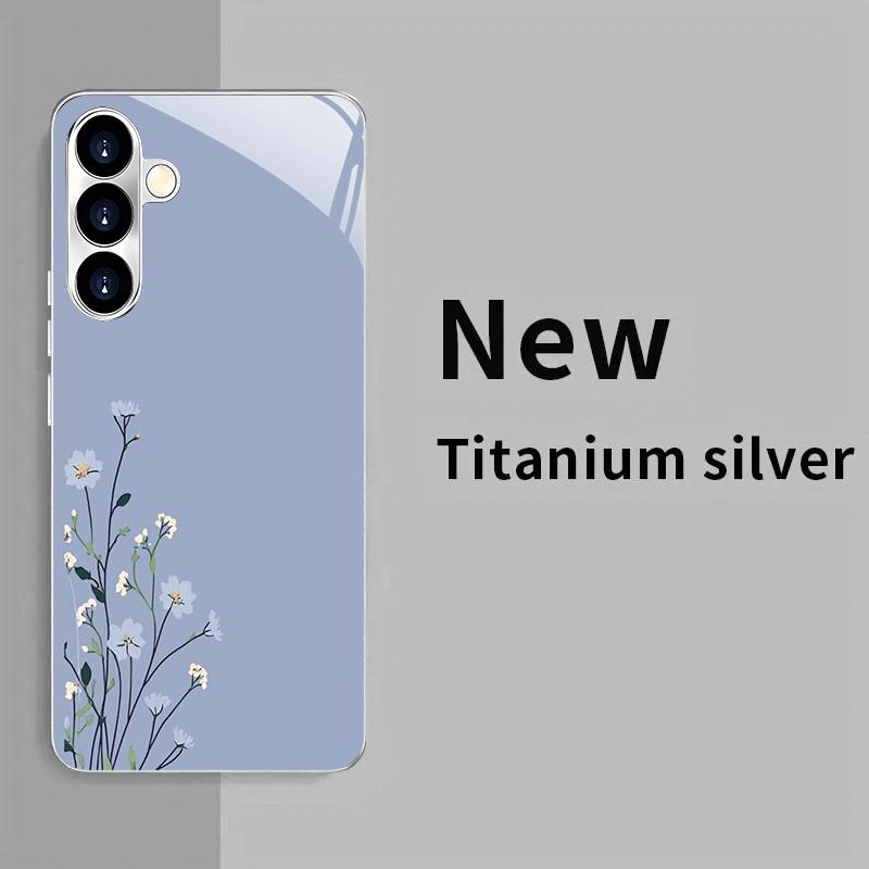 Light Blue and White Flower Glass Phone Case Suitable for Samsung Galaxy S26 S25 S24 S23 S22 S21 S20 FE/Ultra/Plus Anti Drop