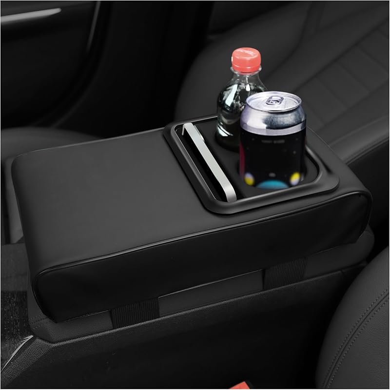 Leather Center Console Cover With Cup Holder,Booster Car Armrest Cover For Protecting Car Armrest Box & Car Decorations,Universal Car Accessories
