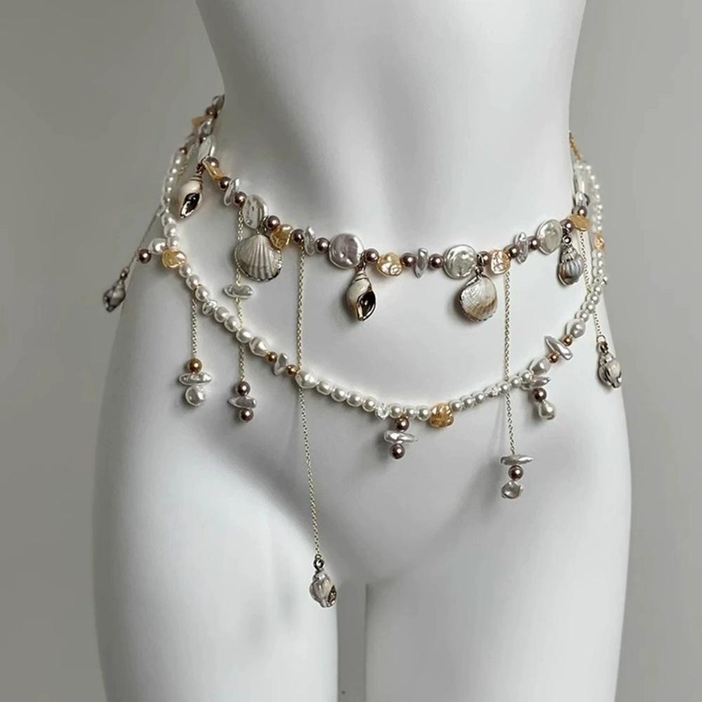 New Geometry Simulated-pearl Shell Conch Tassel Double layer Beaded Waist Chain Unique Trend Luxury Fashion Versatile Jewelry