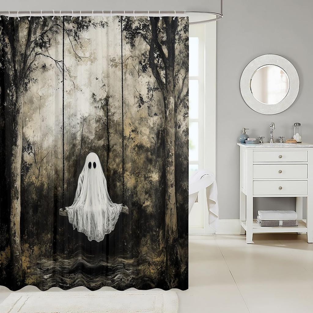 Ghost Shower Curtain Haunted Forest Swing Scene Halloween Theme Spooky Art Bath Decor Waterproof Fabric Home Accessories