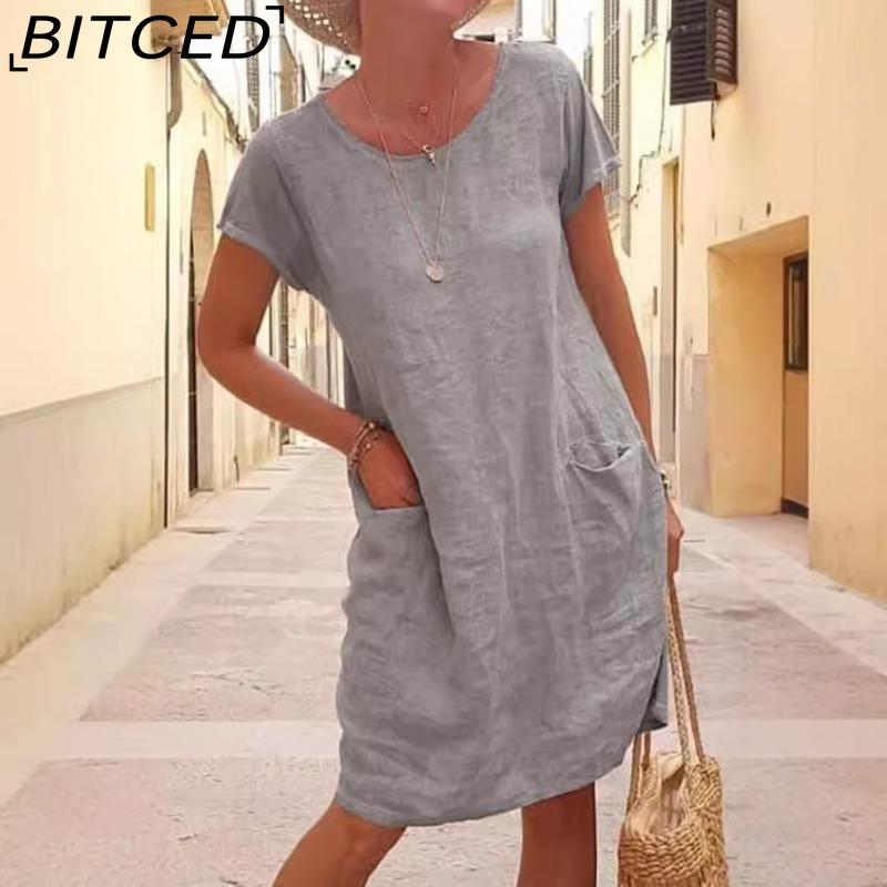 BITCED Damen Einfarbiges Sommer-Midikleid Damen Lässiges Lockeres Kleid mit Taschen Übergröße
