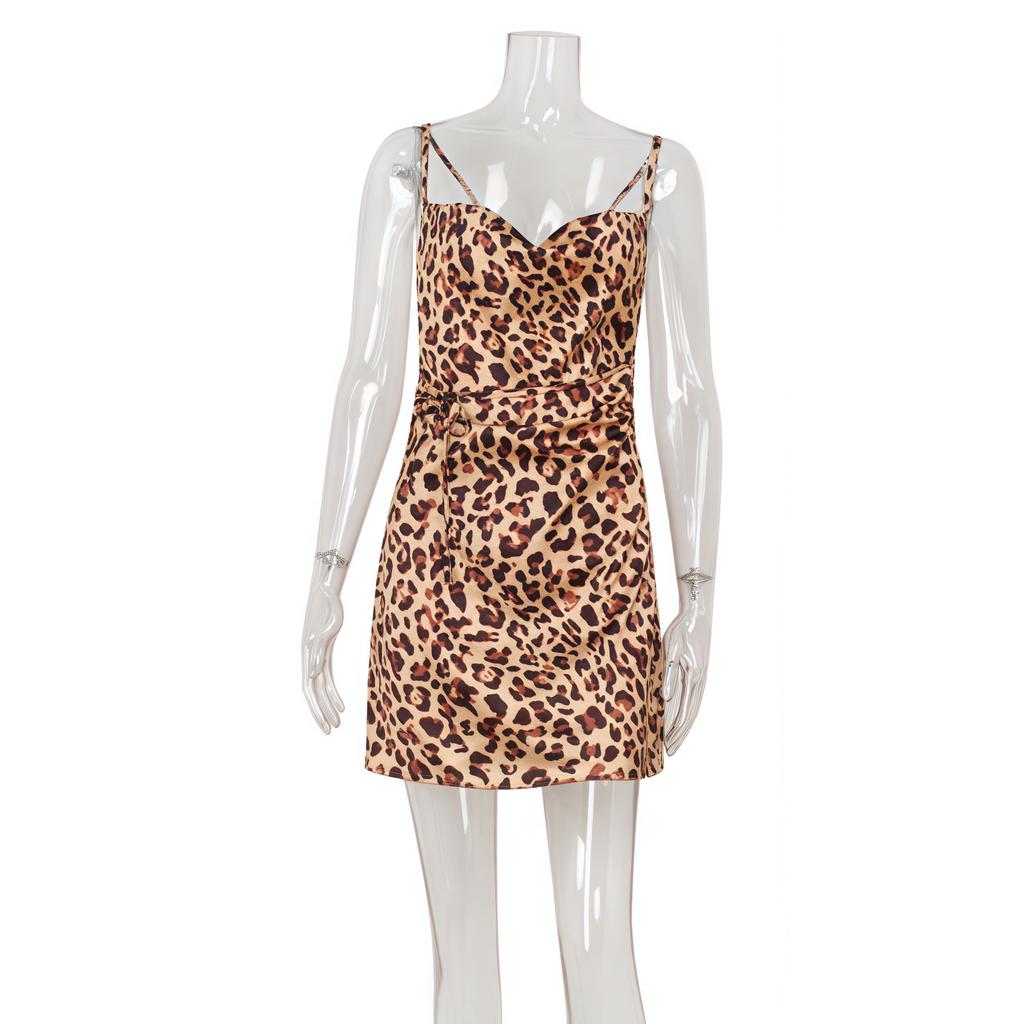 Sexy Women's Clothing European and American Style Fashion Leopard Print Swing Collar Backless Slim Holiday Style Suspender Dress