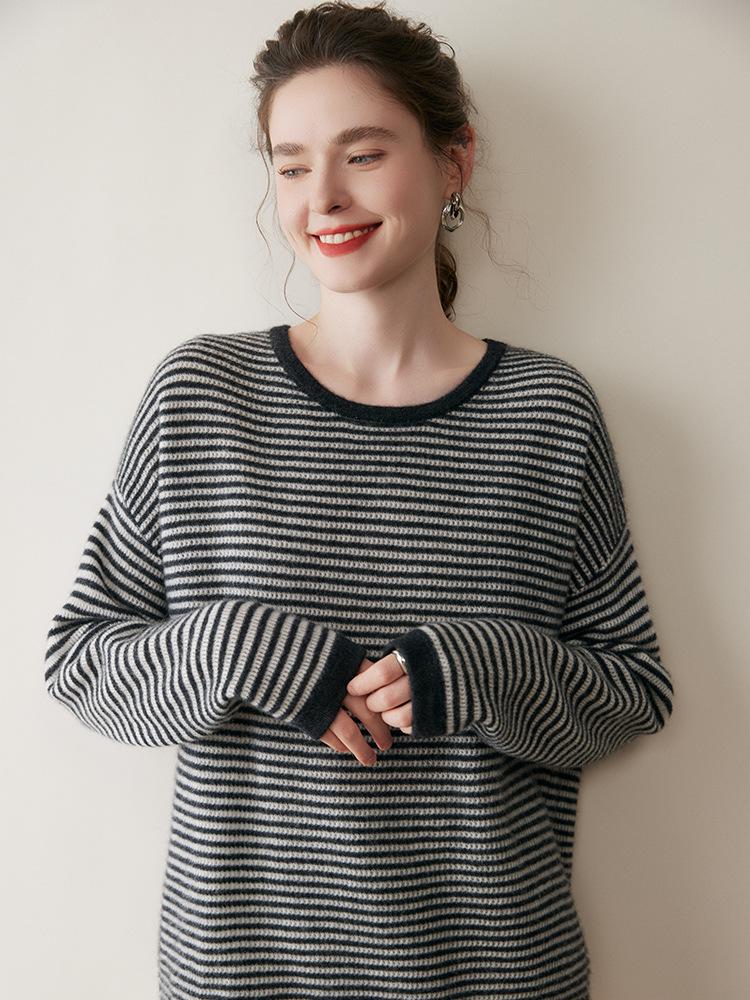 Women's Trendy Striped Cashmere Knit Pullover Sweater - Round Neck, Long Sleeve, Autumn/Winter Casual Wear
