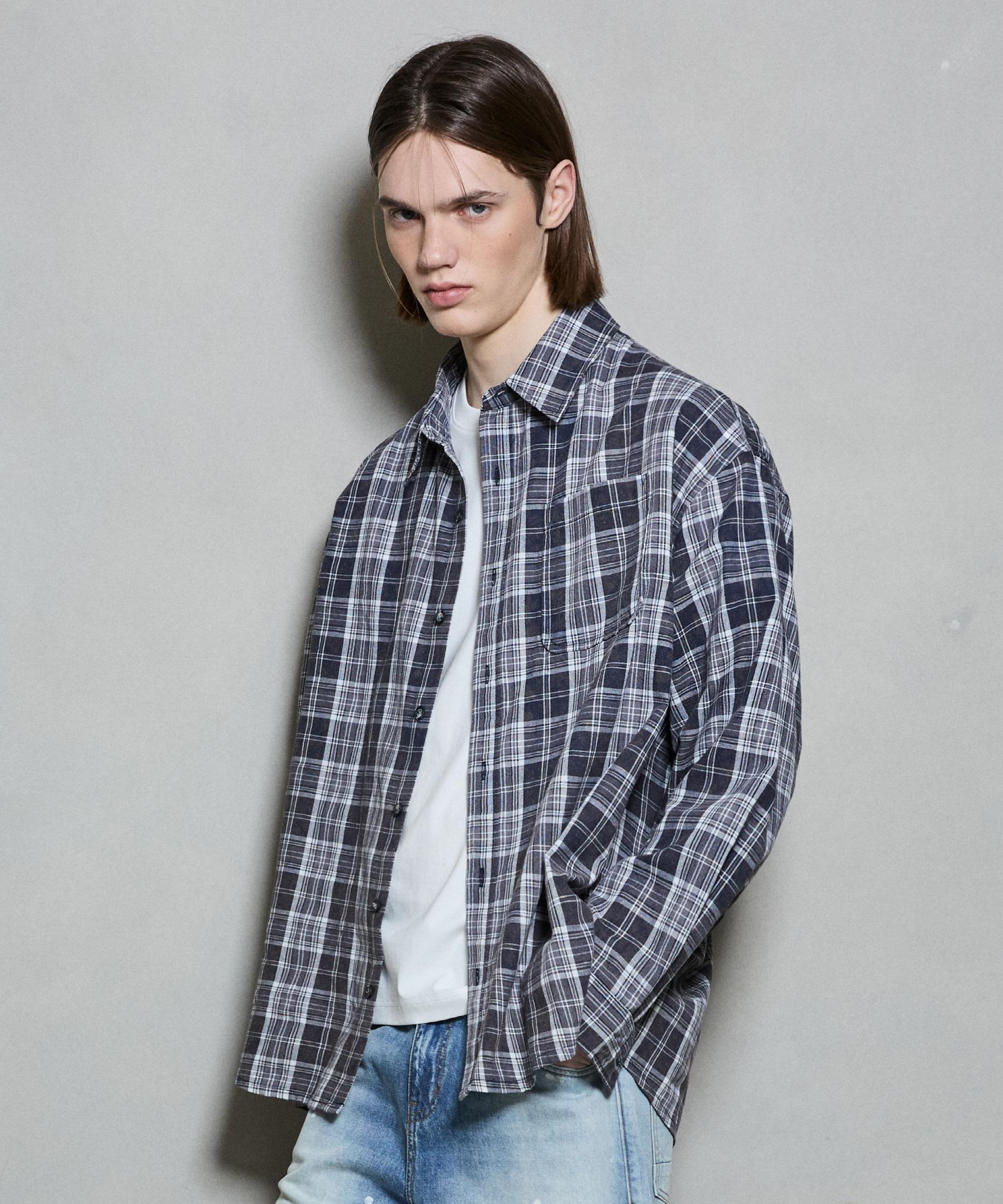 Burkeru Cotton Bleach Washed Check One-Pocket Shirt Navy Navy_M