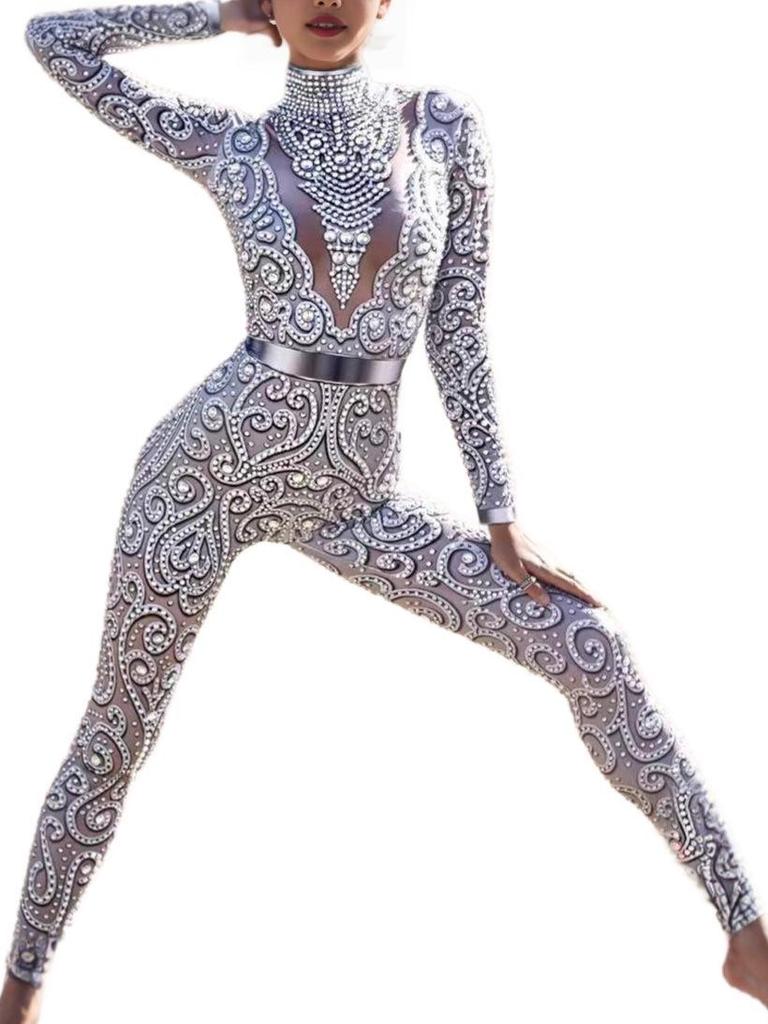 Grenzüberschreitender Body mit Perlen und Strasssteinen, Langarm - Sexy, Schlankmachendes Performance-Kostüm