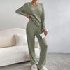 Women's Loose Knit Loungewear Set Long Sleeve V Neck Top Elastic Waist Wide Leg Pants