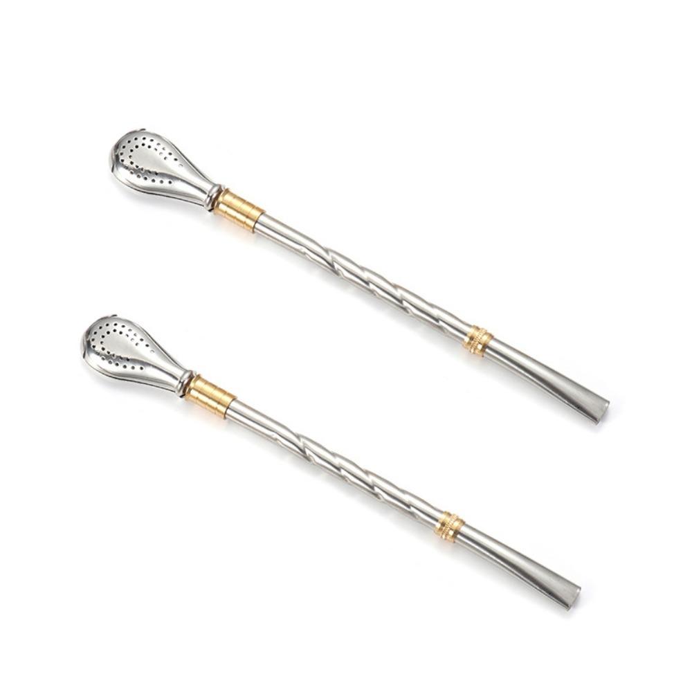 2 Piece Stainless Steel Straw Spoon Reusable Stirring Spoon Creative Tea Filter  Kitchen Style A