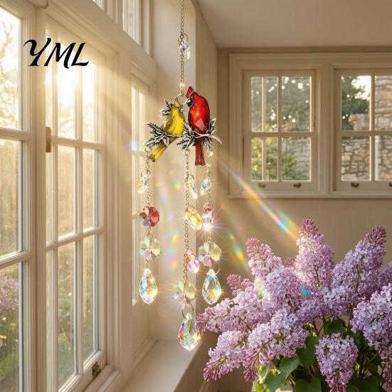 Birthday Gift for Decor Lover Cardinals Faux Crystals Suncatcher, Hanging Sun Catcher Windows, Bird Wind Crystal Suncatcher Windows Chimes with Chain,