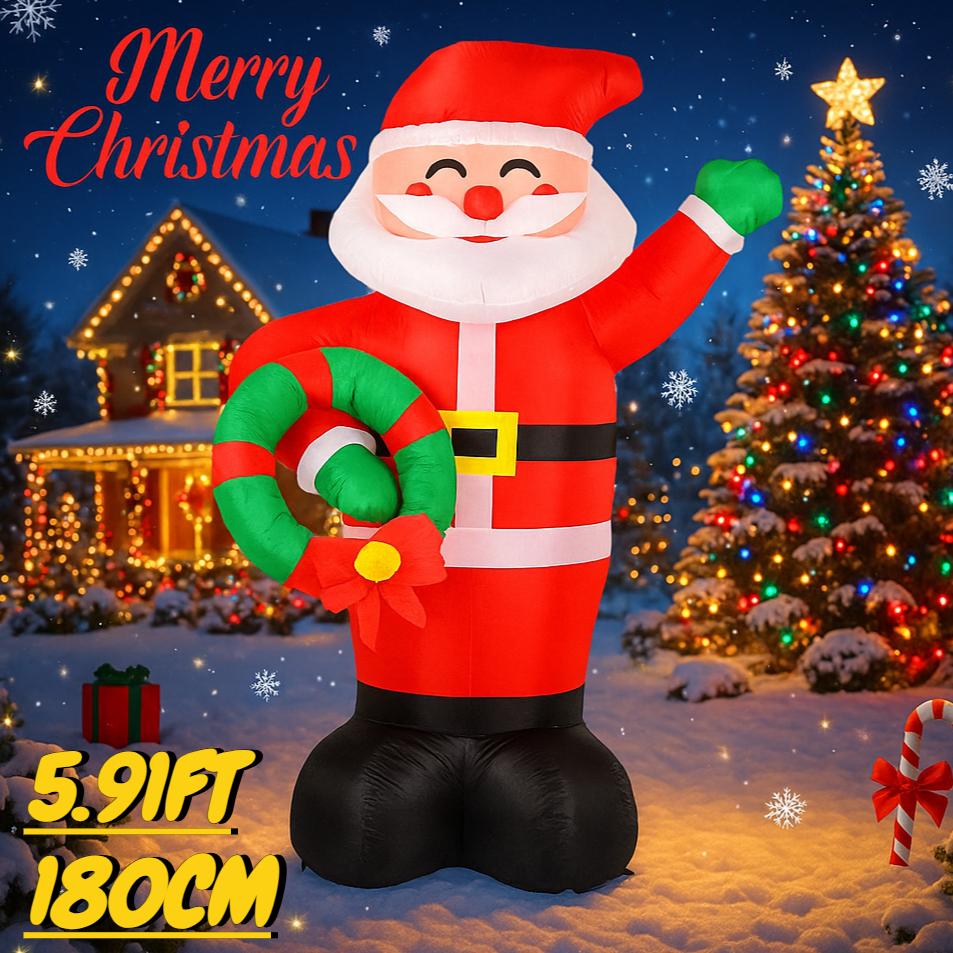 5.91FT Inflatable Toy Santa Claus Wreath with LED Lights Xmas Yard Lawn Party Decoration Christmas Home Supplies Ornaments Gifts