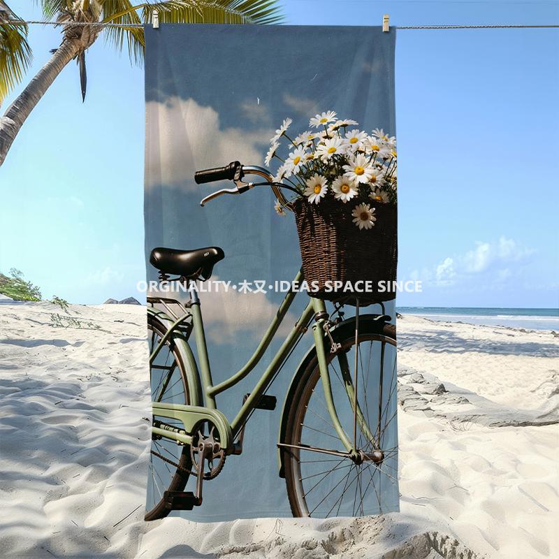 Vintage Daisy Bike Beach Towel Patterned Sunscreen And Windproof Suitable For Swimming Pool Camping Travel Blanket