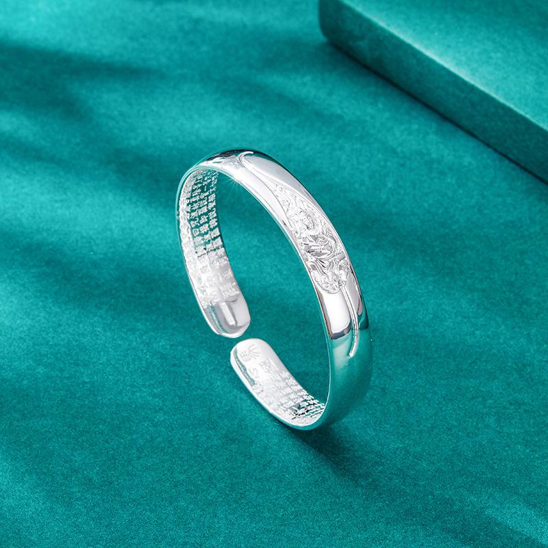 

Серебряный браслет для ног S999 с сутрой в виде резного сердца в виде листьев, широкое издание в этническом стиле, открытый серебряный браслет, женский браслет в национальном стиле Adjustable size