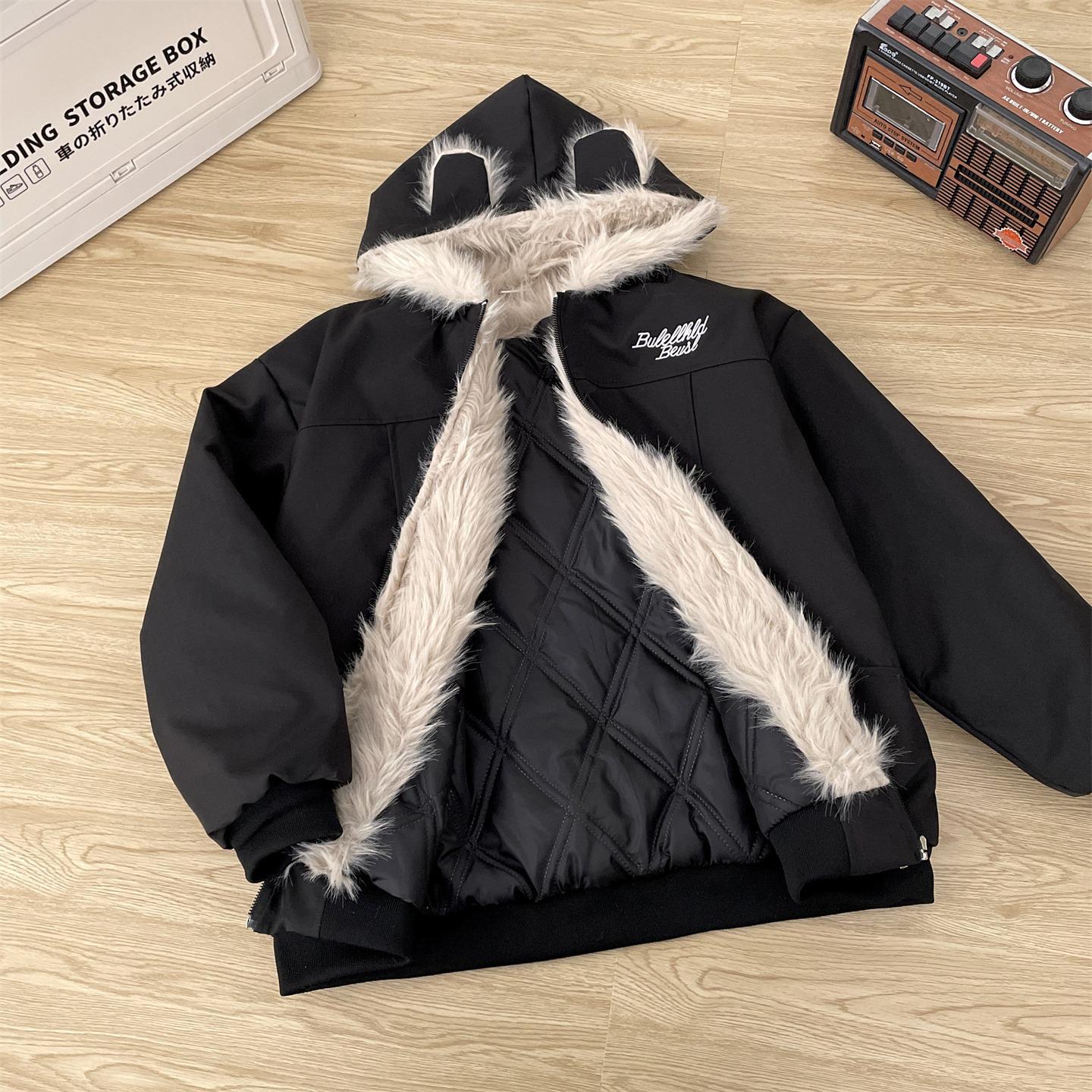 

Men s Winter Thickened Cat Ear Jacket with Black Fur Collar - Snow Leopard Print, Plus Velvet Lined, Short Coat for Couples. M чорний