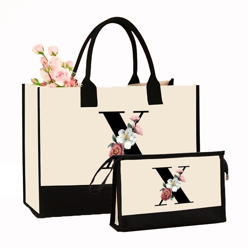 Canvas Shoulder Bag Makeup Set with Color Block Print & Portable Zipper Clutch