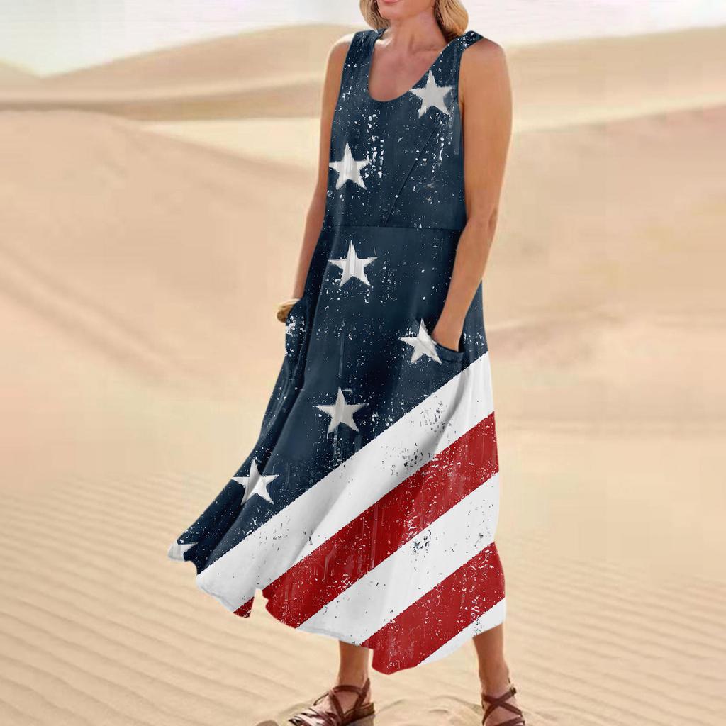 Women's Fashion Casual Independence Day Print Sleeveless Cotton Linen Pocket Dress