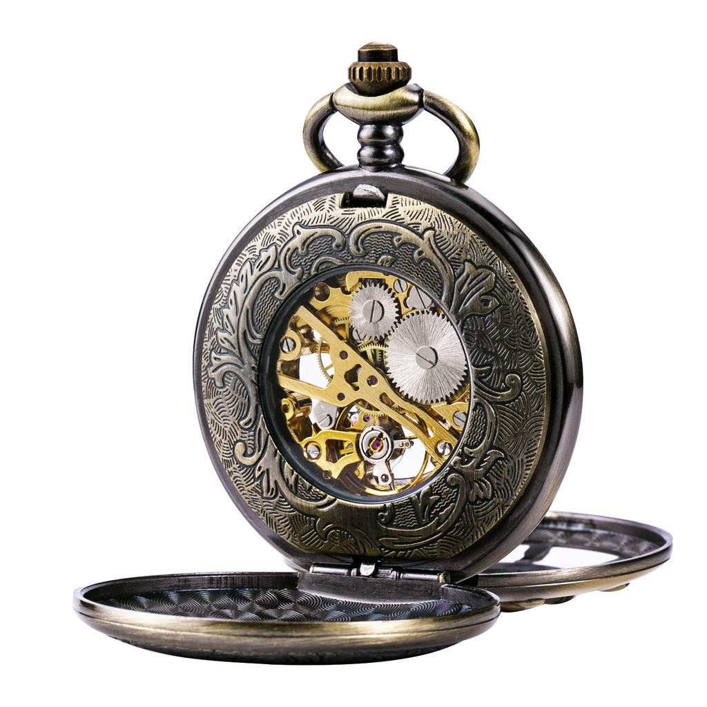 TREEWETO Bronze Double Cover Roman Numeral Dial Skeleton Pocket Watch for Men and Women