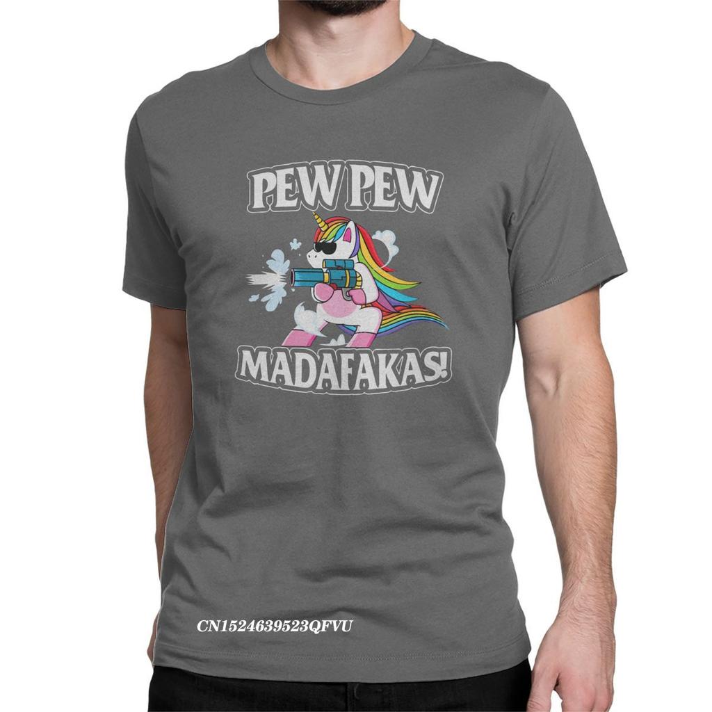Funny Pew Pew Madafakas Men's Tops T Shirts Unicorn Humor Tee Shirt Harajuku Round Collar T-Shirts Cotton Clothes