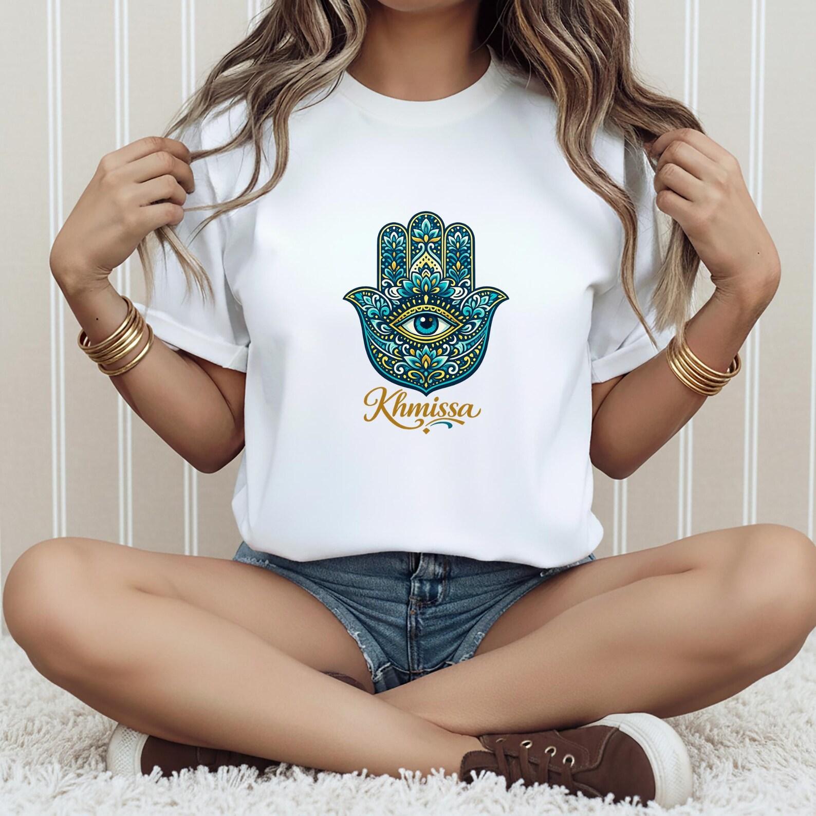 Hamsa Hand T Shirt – Evil Eye Protection Shirt – Blue Floral Mandala Tee – Khmissa Spiritual Gift – Unisex Boho Top 3XL