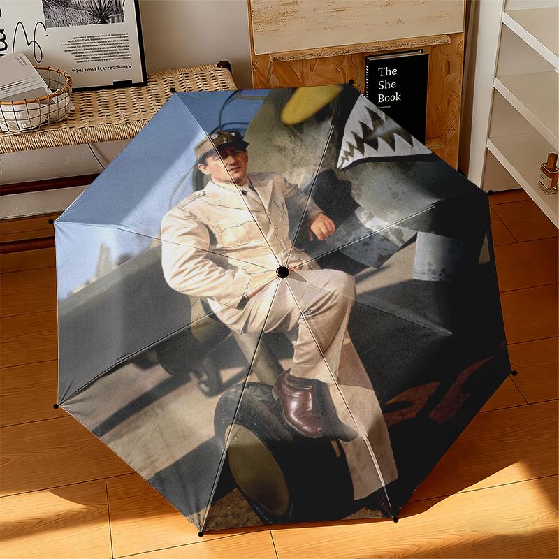 1pc Legendary John Wayne Umbrella Portable Folding Umbrella Iron Frame Hole Bone Structure Outdoor Home Umbrella