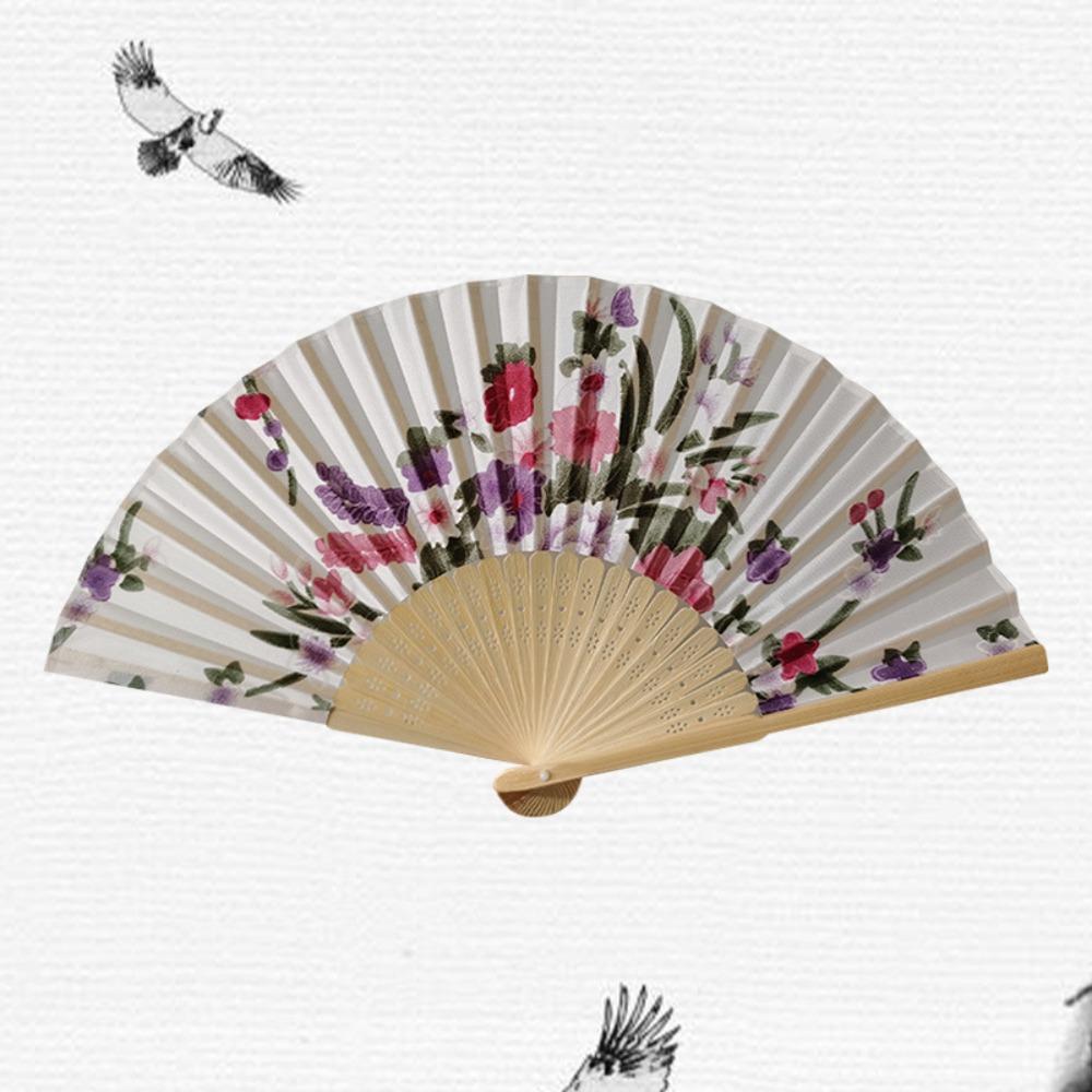 Silk Material Chinese Folding Fan Bamboo Wood Flower Pattern Silk Fan Artificial Silk Folding Design Art Craft Fan