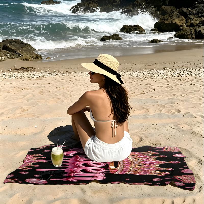King Queen Crown Beach Towel - Extra Large Microfiber, Fast Drying, Black Gold Pink Print, For Pool Gym Yoga, Gift