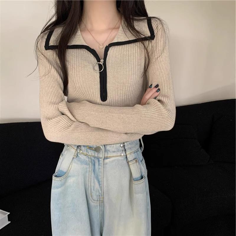 Women's Autumn and Winter Base Knitted Blouse with Color-Blocking Design Half-Zip Turn-Up Collar Slimming and Figure-Highlighting
