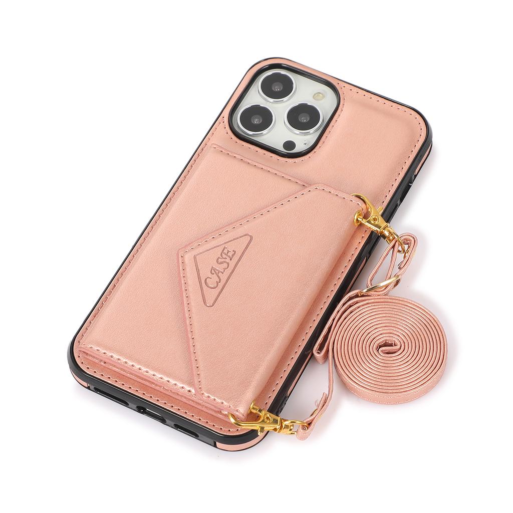 For iPhone 16 Pro Cell Phone Case Triangle Lid Card Bag Leather + TPU Cover with Long Strap